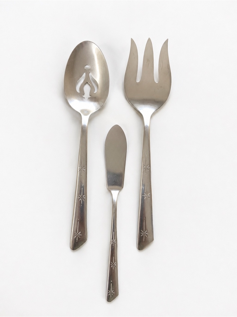 Vtg MCM Starburst Silco Stainless Silverware Serving Spoon & Fork USA Flatware